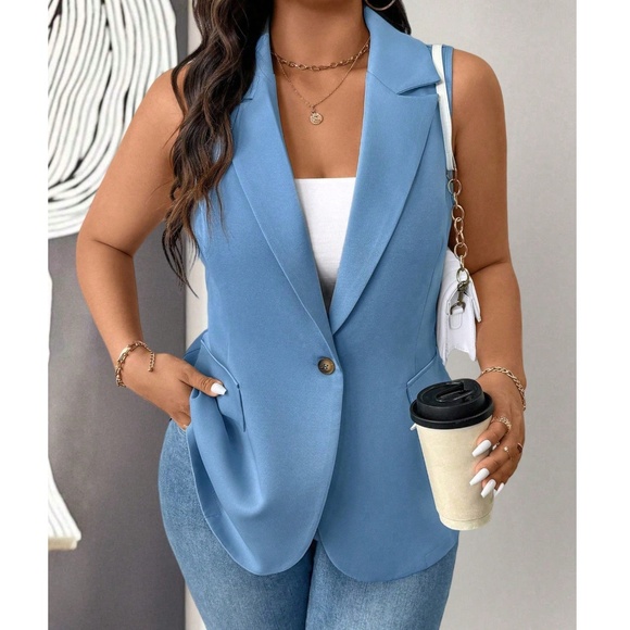 Plus Dusty Blue Button Fitted Vest Top - Picture 1 of 4